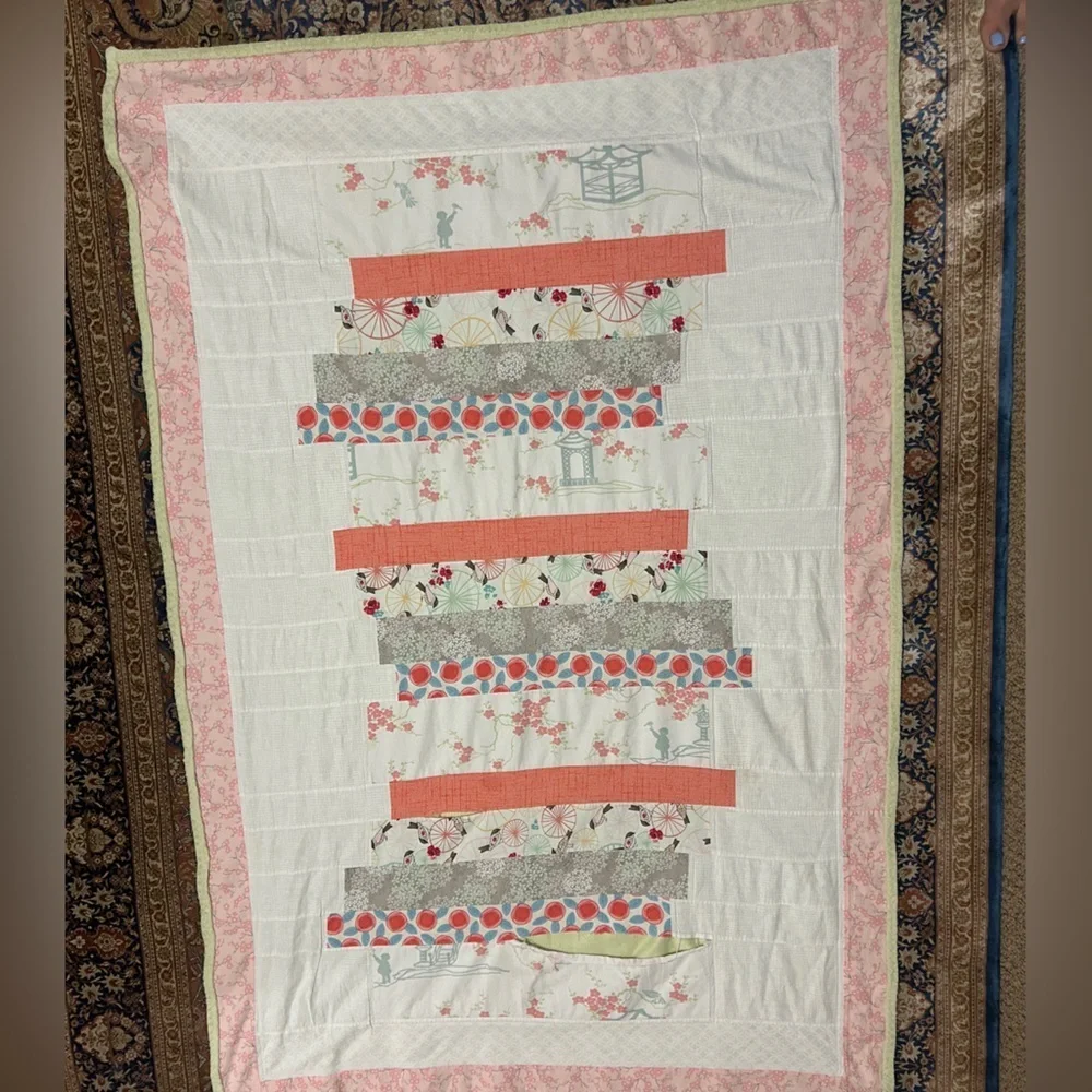 GUC Modern handmade quilt in corals, pinks and greens. Nursery. Needs TLC repair